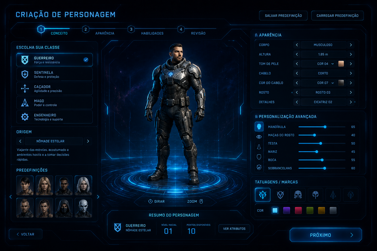 Seção de criação de personagem, com habilidades, aparência e outros, para um jogo utilizando elementos sci-fi ui